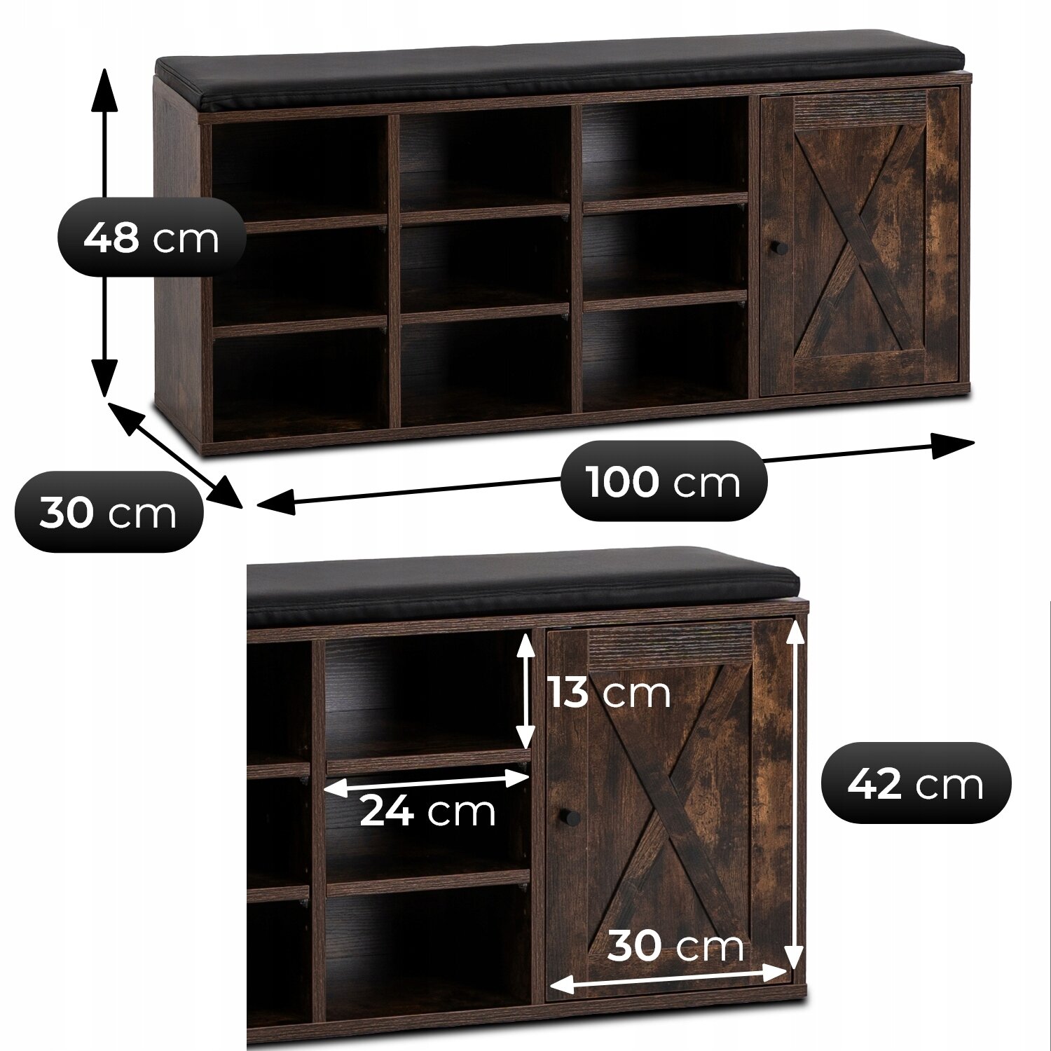 Szafka na buty z siedziskiem o wymiarach 100 cm szerokości, 48 cm wysokości i 30 cm głębokości, wykonana w kolorze dąb rustykalny. Posiada otwarte półki oraz zamkniętą szafkę z drzwiami ozdobionymi wzorem w kształcie litery X.