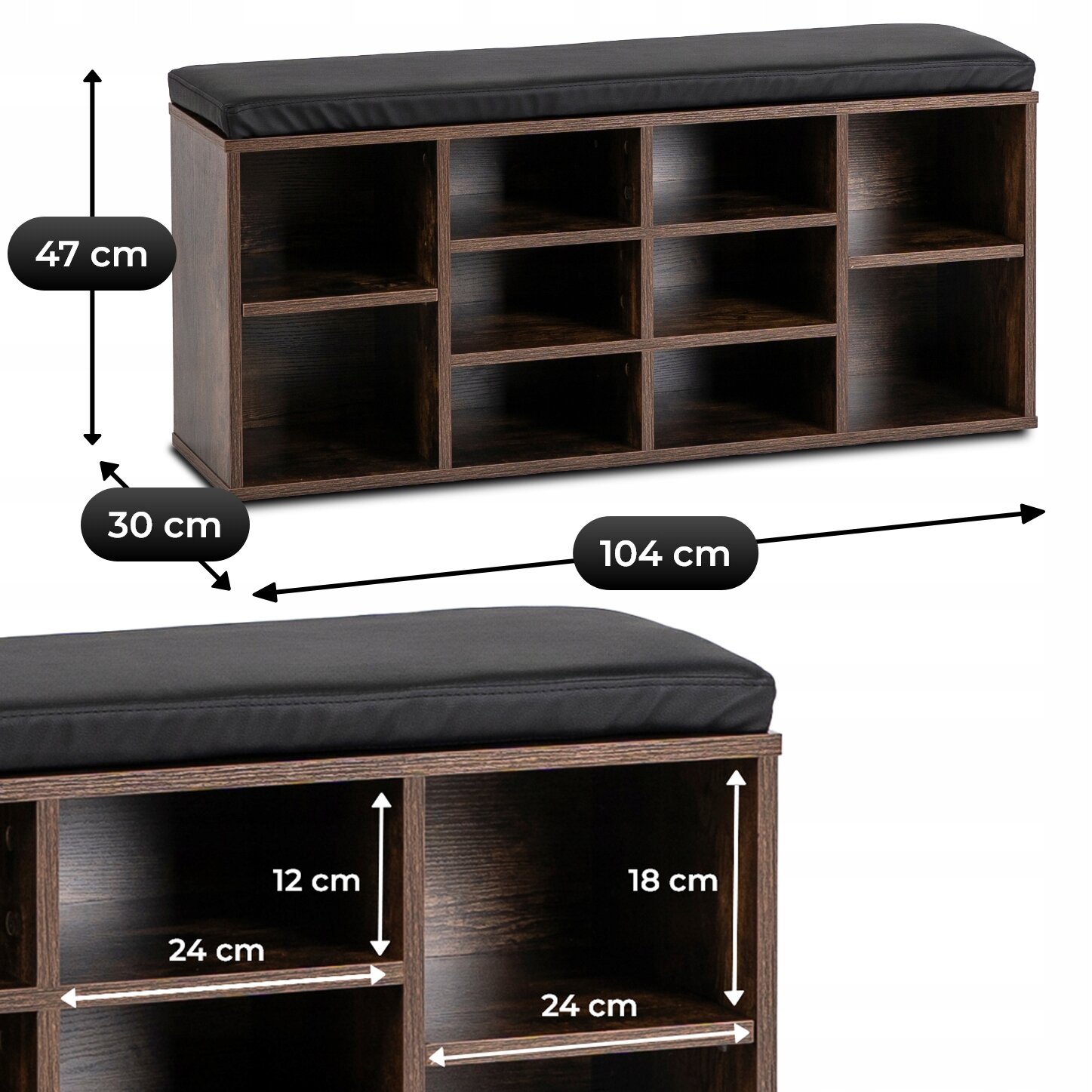 Szafka na buty z siedziskiem o wymiarach 104 cm szerokości, 47 cm wysokości i 30 cm głębokości, wykonana z materiału w kolorze dąb rustykalny. Posiada osiem otwartych przegródek o wymiarach 24 cm szerokości i 12-18 cm wysokości.