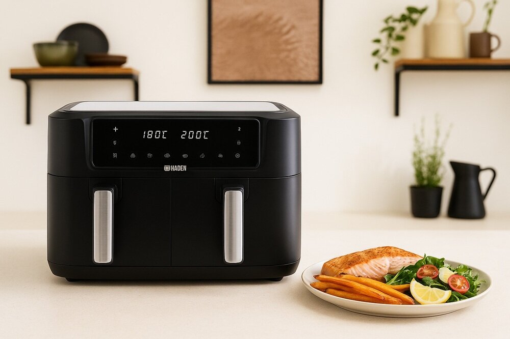AIR FRYER HADEN HAD214065 9,5L dwa niezależne kosze, dwa danie w jednym czasie, własne ustawienia dla dwóch różnych koszy, chrupiące frytki