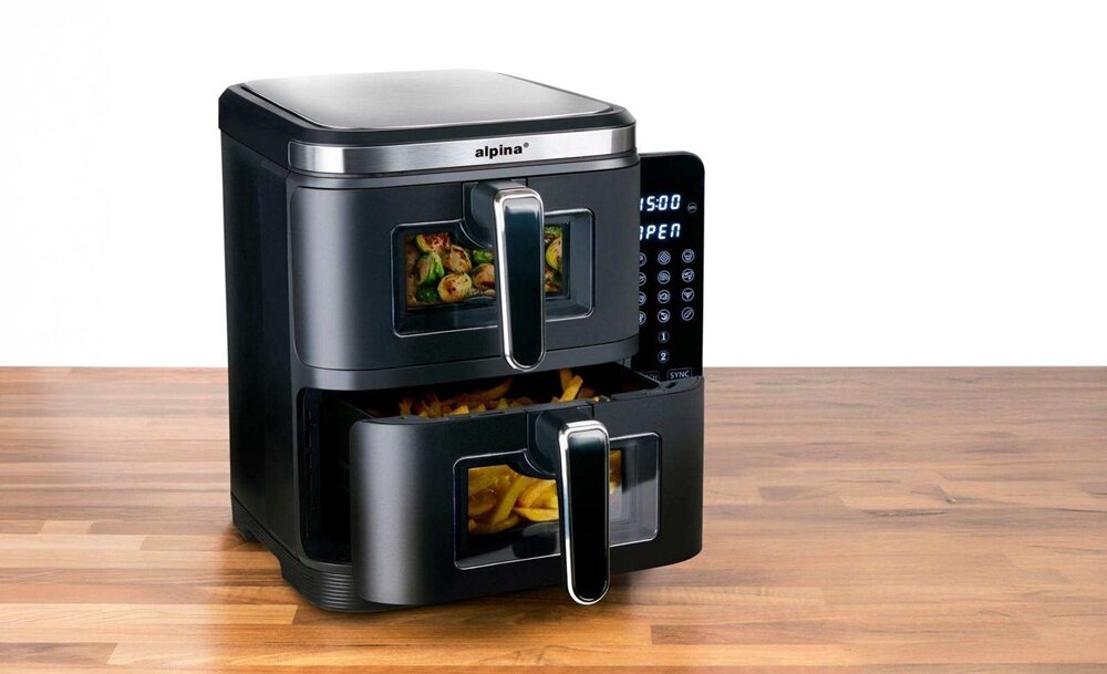 AIR FRYER ALPINA A11.0 ustawienia czasu i trybu pracy, automatyczne wyłączenie po skończonej pracy, bez przypaleń posiłków