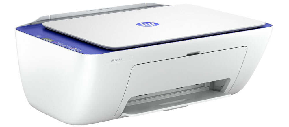 Urządzenie wielofunkcyjne HP DeskJet 2821e Druk w kolorze, Wi-Fi, Instant Ink prezentacja urządzenia od przodu pod kątem na białym tle energooszczędność zużycie energii ekologia energooszczędność obniżenie kosztów