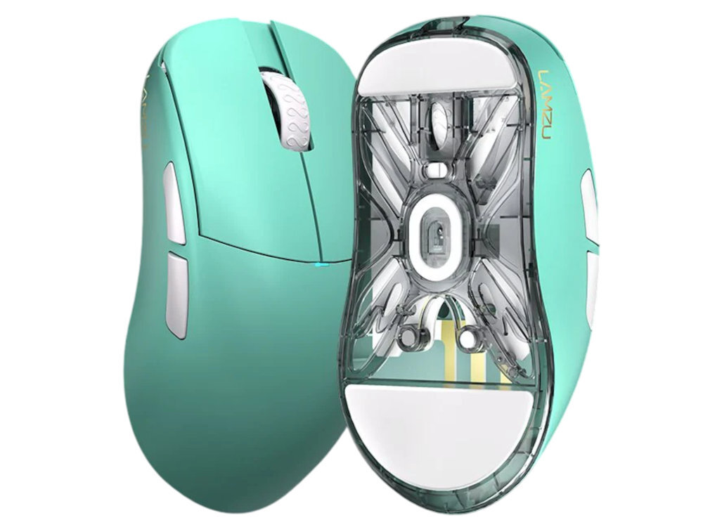 Na obrazie widoczna jest niebieska mysz komputerowa z białymi elementami, w tym rolką i przyciskami. Na spodzie myszy znajduje się przezroczysta obudowa z widocznym logo \'LAMZU\'.