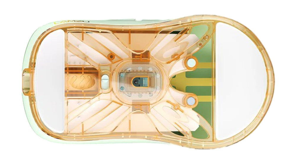 Przezroczysta obudowa myszy komputerowej z widocznymi wewnętrznymi elementami w kolorze pomarańczowym i zielonym. Na środku znajduje się sensor optyczny.