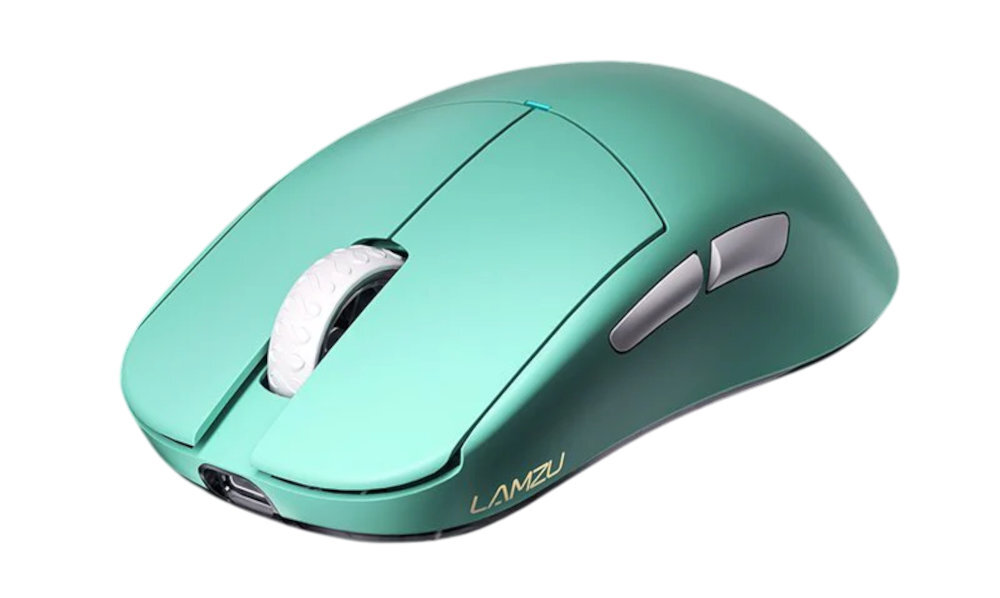 Na obrazie widoczna jest mysz komputerowa w kolorze niebieskim z białym kółkiem przewijania. Na boku myszy znajduje się logo \'LAMZU\'.