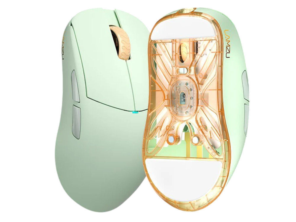Na obrazie widoczna jest mysz komputerowa w kolorze miętowym z przezroczystym, pomarańczowym spodem. Na boku myszy znajduje się logo \'LAMZU\'.