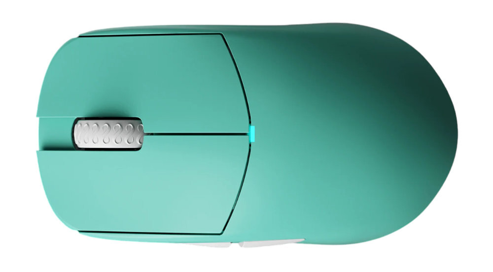 Na obrazie widoczna jest niebieska mysz komputerowa z gładką powierzchnią i srebrnym, perforowanym kółkiem przewijania. Mysz ma minimalistyczny design bez widocznych logo producenta.