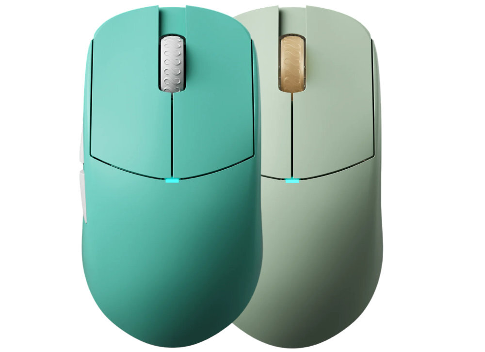Na obrazie widoczne są dwie myszy komputerowe w kolorach niebieskim i zielonym, z widocznymi rolkami przewijania. Obie myszy mają prosty, nowoczesny design z wyraźnymi liniami podziału przycisków.