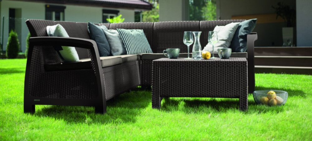 Narożnik ogrodowy KETER Corfu Relax Set 227816 227816 Grafitowy do picia kawy do czytania książki o słuchania muzyki narożnik 182 x 182 x 79 cm opływowy uniwersalny kształt