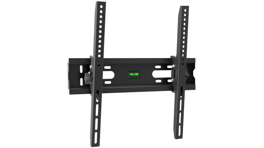 Czarny uchwyt ścienny do telewizora z poziomicą w centralnej części. Uchwyt posiada otwory montażowe i regulowane ramiona.