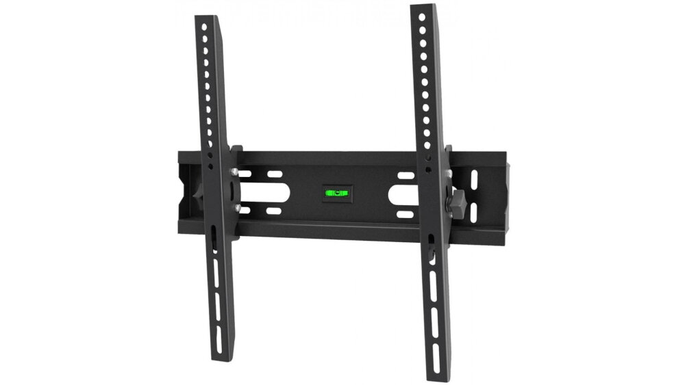 Czarny uchwyt ścienny do telewizora z poziomicą w centralnej części. Uchwyt posiada otwory montażowe i regulowane ramiona.