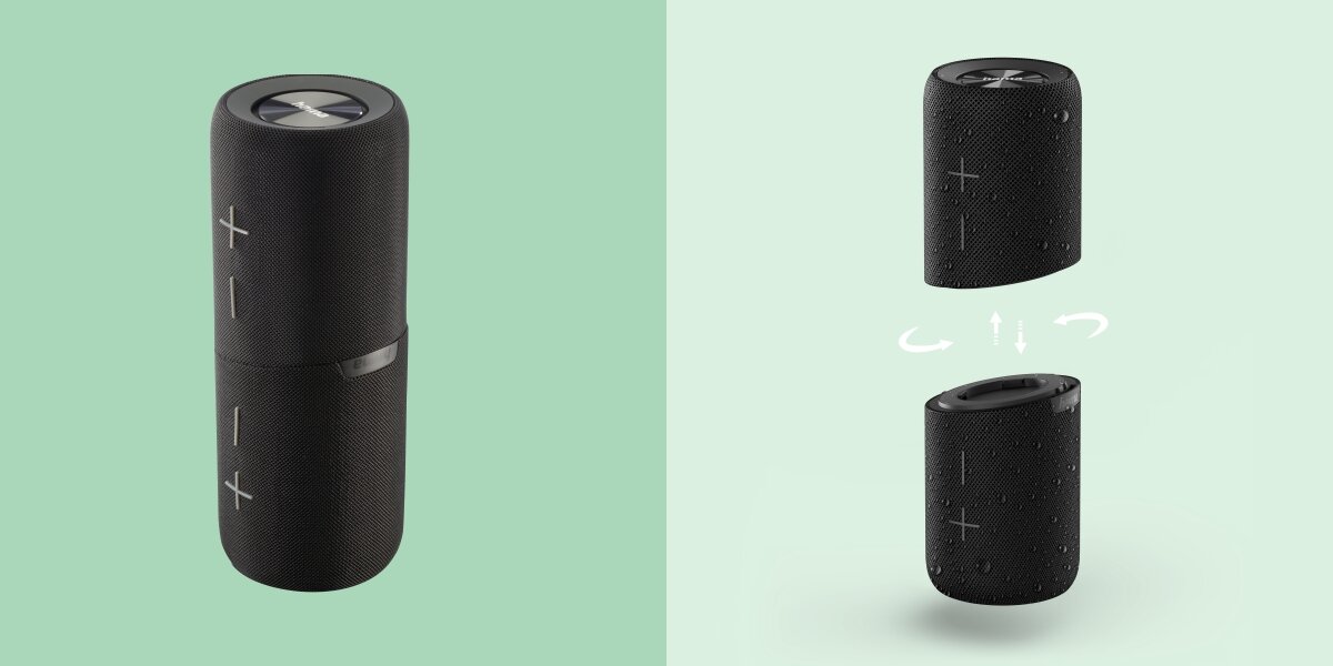 Głośnik mobilny HAMA Twin 4.0 Czarny Prezentacja konstrukcji głośnika Hama: po lewej głośnik w całości, po prawej pokazany mechanizm rozdzielania na dwa mniejsze głośniki.