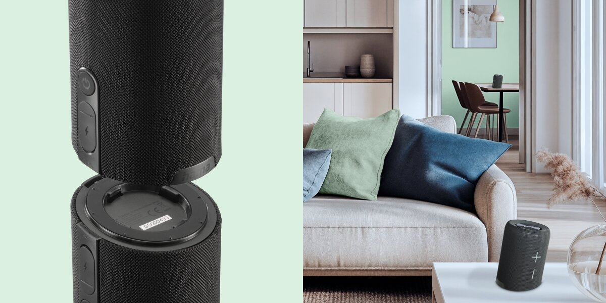 Głośnik mobilny HAMA Twin 4.0 Czarny Detale złącza i przycisków głośnika Bluetooth oraz wizualizacja dwóch rozdzielonych głośników grających w salonie.