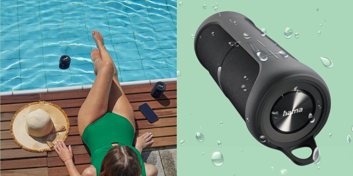 Głośnik mobilny HAMA Twin 4.0 Czarny Kobieta odpoczywająca przy basenie z głośnikiem Hama oraz zbliżenie na głośnik pokryty kroplami wody, co potwierdza klasę szczelności IPX7.