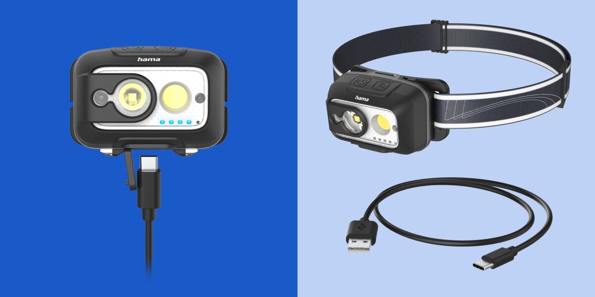 Latarka czołowa HAMA HL500-C, IP44, akumulator, pasek, odblaski, Czołówka Hama ładowana USB‑C z elastycznym paskiem