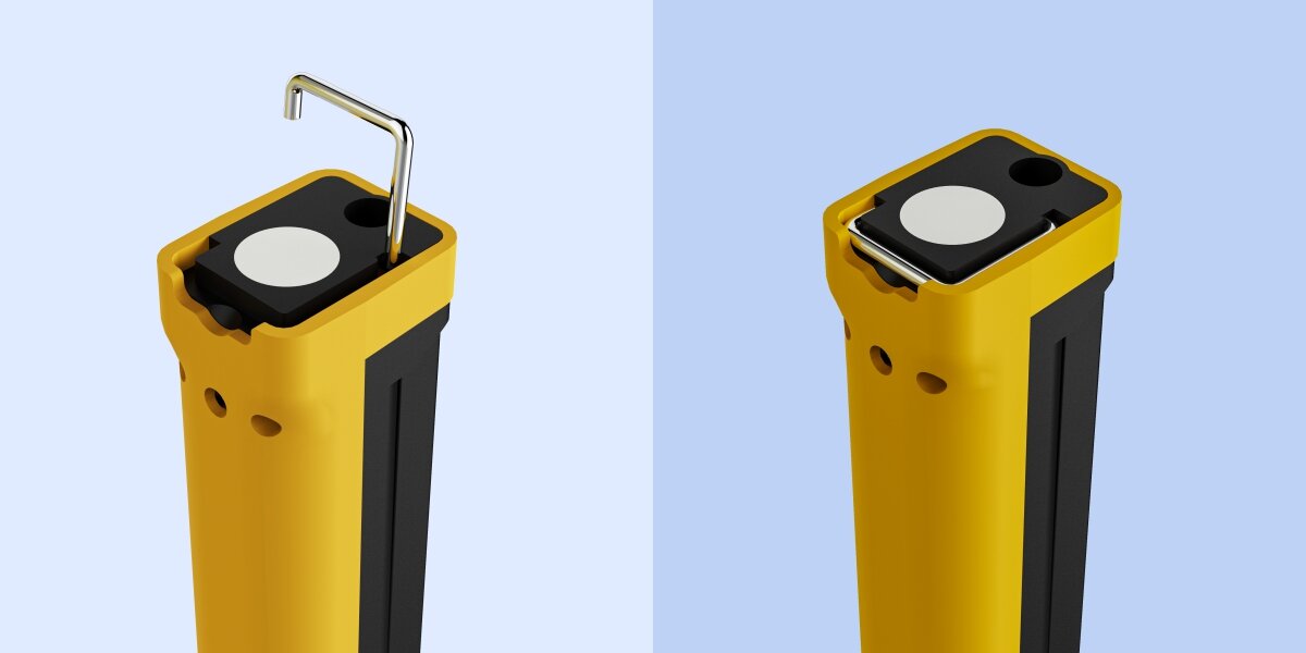 Latarka warsztatowa HAMA W500-C Żółto-czarny, magnes, haczyk, wygoda, wolne ręce, Górny magnes lampy z wysuwanym metalowym hakiem