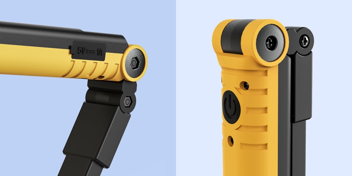 Latarka warsztatowa HAMA W500-C Żółto-czarny, USB-C, akumulator, IP44, trwałość, Zbliżenie zawiasów i przycisku zasilania żółtej lampy