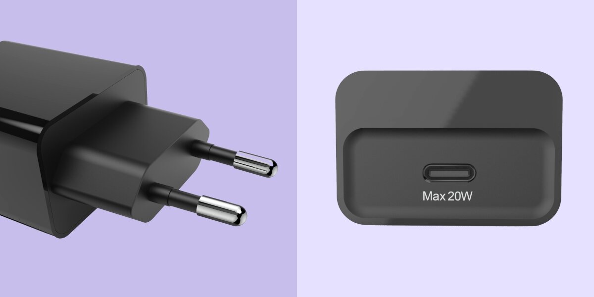 Zbliżenie na port USB-C ładowarki Hama z oznaczeniem mocy Max 20W oraz widok na wtyczkę europejską.
