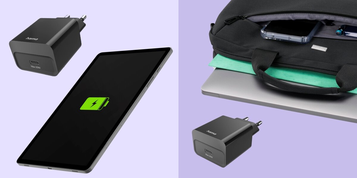 Ładowarka Hama USB-C 20W podczas ładowania tabletu oraz umieszczona obok torby na laptopa jako akcesorium podróżne.