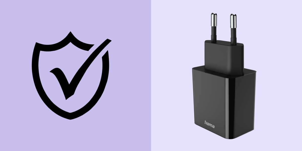 Czarna ładowarka ścienna Hama obok ikony tarczy z symbolem zatwierdzenia oznaczającej bezpieczne ładowanie.