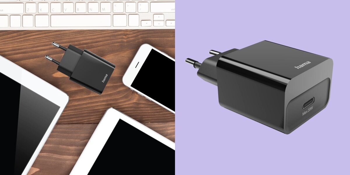 Kompaktowa ładowarka Hama USB-C 20W widoczna z perspektywy portu oraz leżąca na biurku obok smartfona i tabletu.