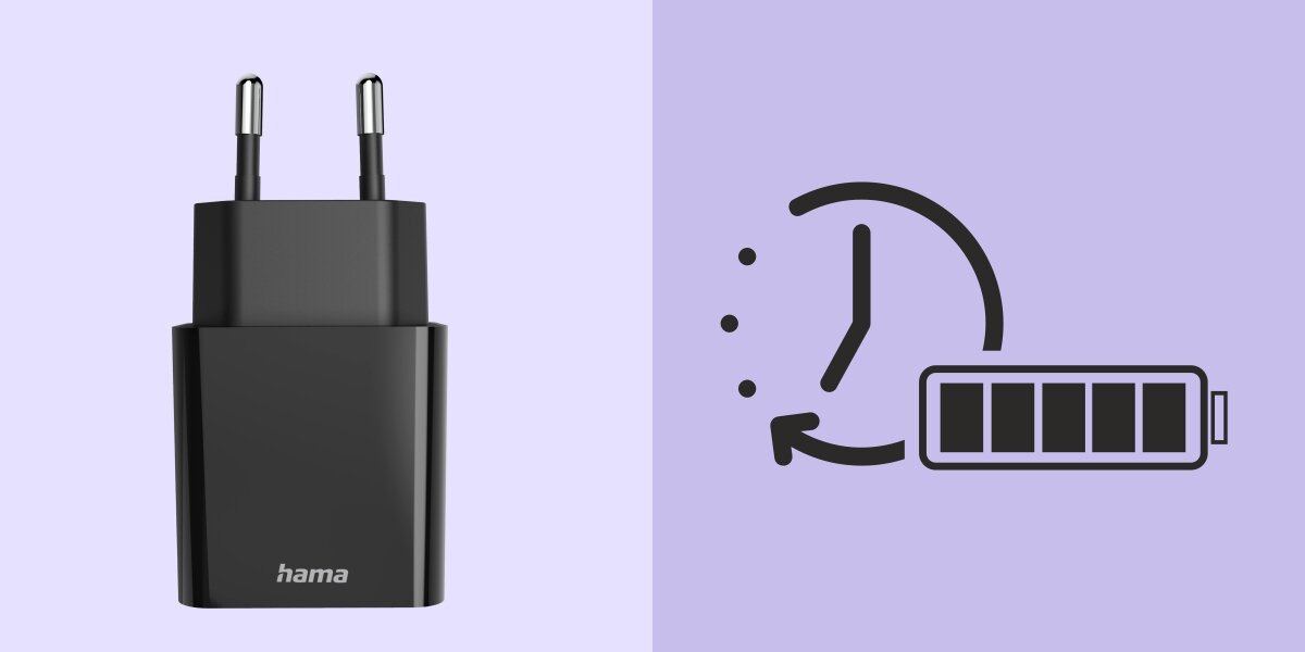 Ładowarka sieciowa HAMA Power Delivery 20W Czarna ładowarka USB-C Hama obok ikony zegara i naładowanej baterii, symbolizująca szybkie ładowanie. 