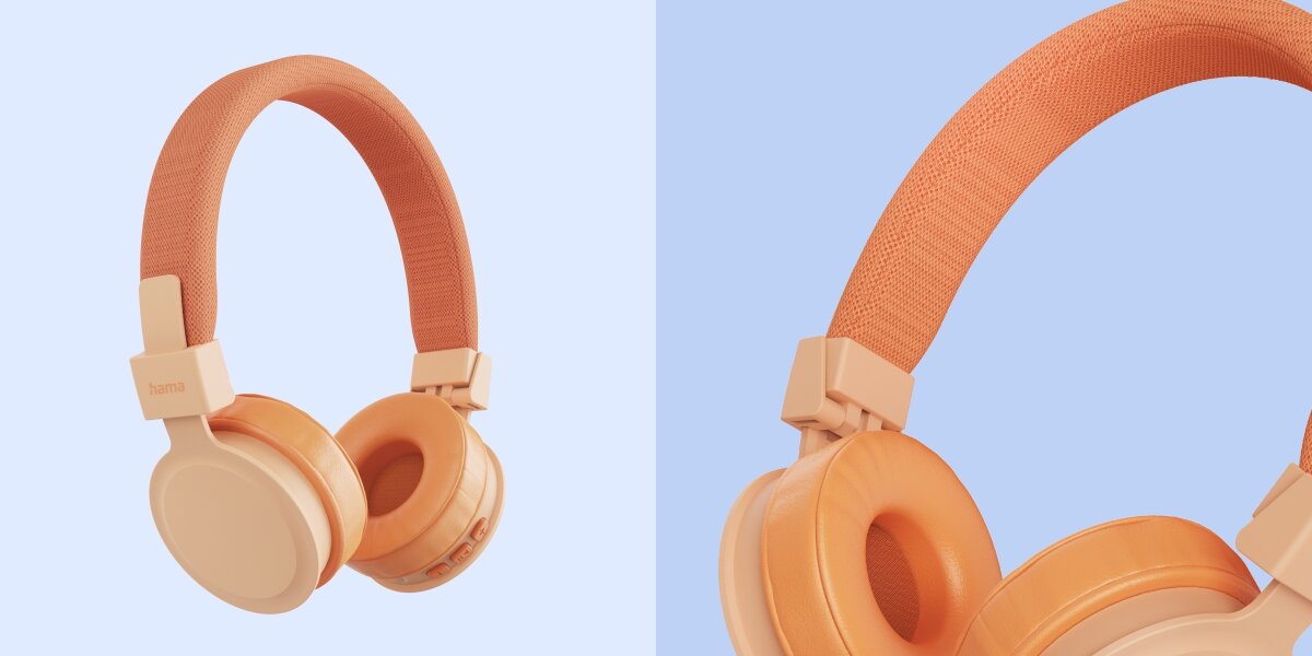 Słuchawki nauszne HAMA Freedom Lit III Pomarańczowy słuchawki bezprzewodowe Hama z materiałowym pałąkiem oraz zbliżenie na mechanizm regulacji wielkości.
