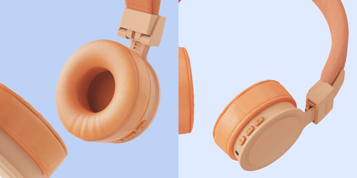 Słuchawki nauszne HAMA Freedom Lit III Pomarańczowy Widok na miękkie nauszniki słuchawek Hama oraz panel sterowania z przyciskami głośności i portem ładowania.