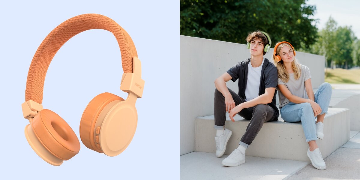 Słuchawki nauszne HAMA Freedom Lit III Pomarańczowy Słuchawki bluetooth Hama w kolorze pomarańczowym oraz dwoje młodych ludzi odpoczywających na schodach w kolorowych słuchawkach na uszach.