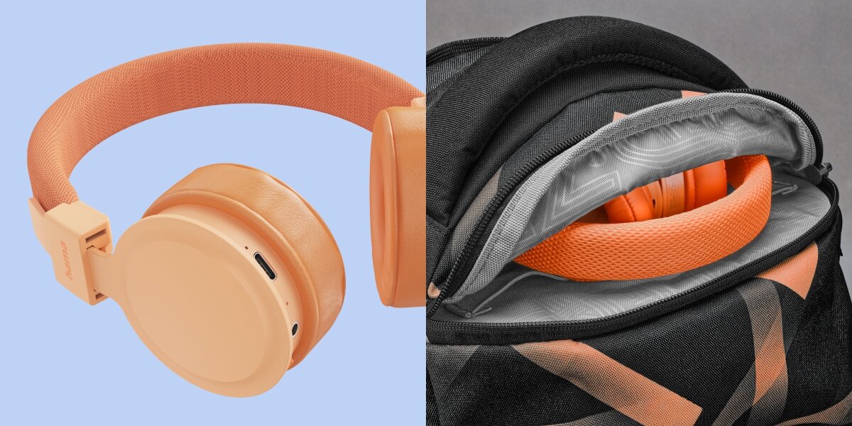 Słuchawki nauszne HAMA Freedom Lit III Pomarańczowy Zbliżenie na port USB-C i wejście audio w słuchawkach Hama oraz widok słuchawek złożonych i schowanych w plecaku.
