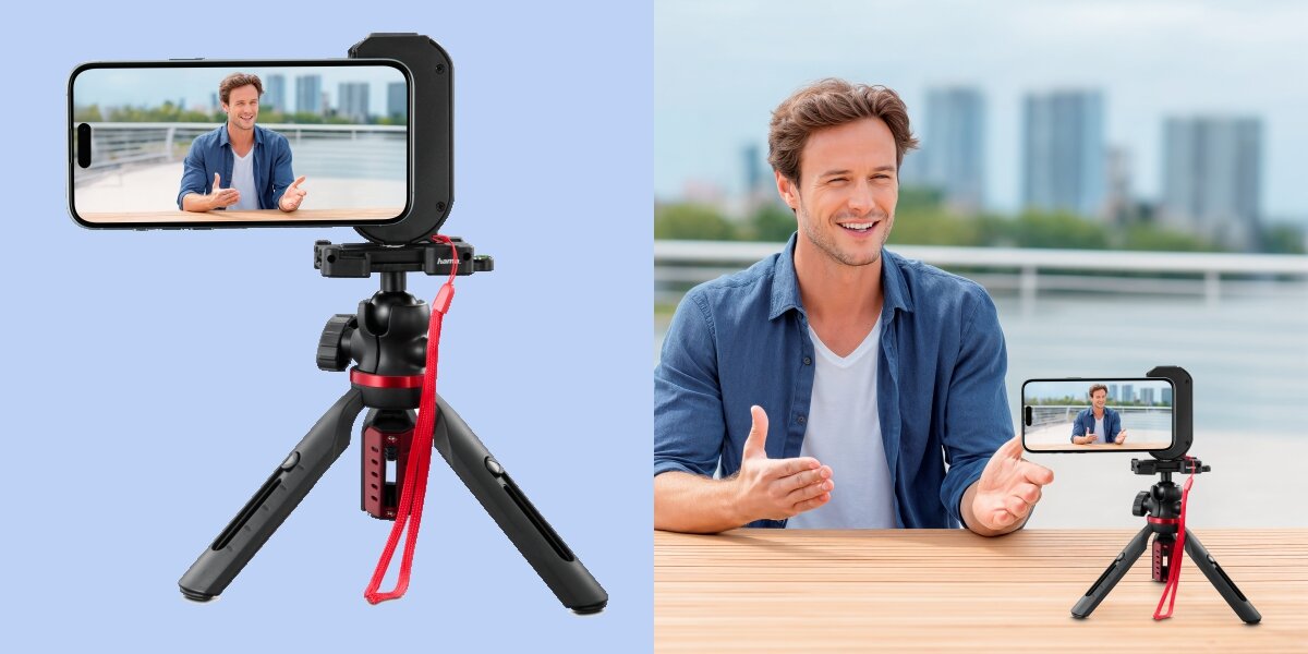 Uchwyt HAMA MagGrip BT - Wielofunkcyjność w praktyce, Obrót 360°, gwint 1/4 cali, telefon przymocowany do statywu, osoba nagrywająca film
