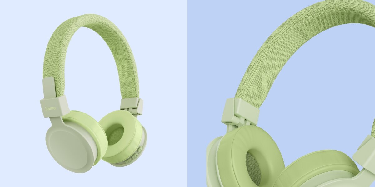 Słuchawki nauszne HAMA Freedom Lit III Zielony Miętowe słuchawki bezprzewodowe Hama z materiałowym pałąkiem oraz zbliżenie na mechanizm regulacji wielkości.