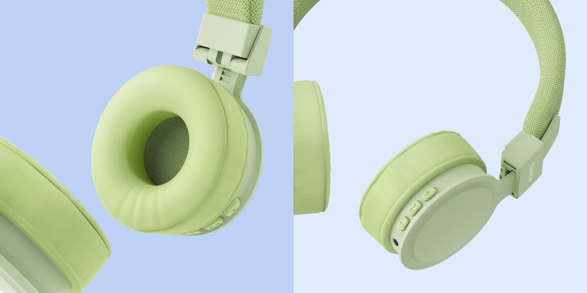 Słuchawki nauszne HAMA Freedom Lit III Zielony Widok na miękkie nauszniki słuchawek Hama oraz panel sterowania z przyciskami głośności i portem ładowania.