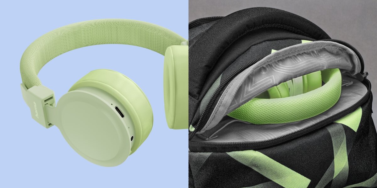 Słuchawki nauszne HAMA Freedom Lit III Zielony Zbliżenie na port USB-C i wejście audio w słuchawkach Hama oraz widok słuchawek złożonych i schowanych w plecaku.