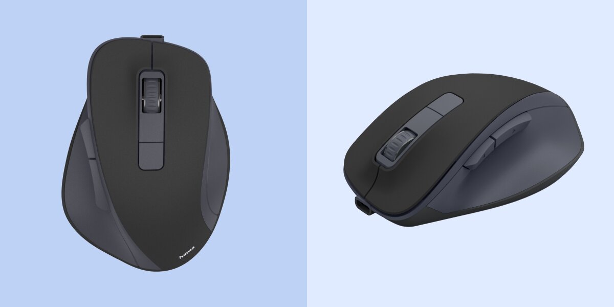 Mysz HAMA WM-500 Czarny Widok z góry i z boku na ergonomiczną mysz komputerową Hama z rolką przewijania i przyciskami funkcyjnymi.