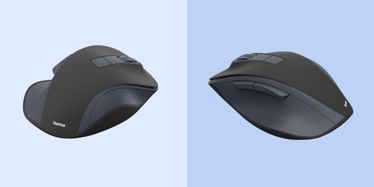 Mysz HAMA WM-500 Czarny Profil pionowej myszy Hama z widocznym wyprofilowaniem pod kciuk i logo marki na obudowie.