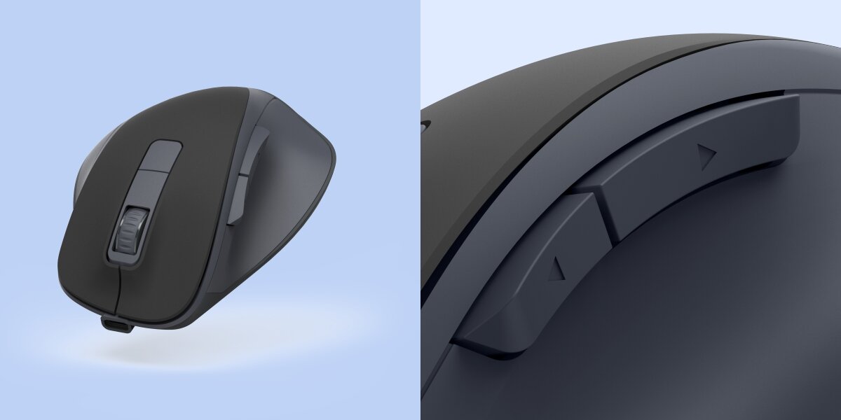 Mysz HAMA WM-500 Czarny Zbliżenie na boczne przyciski nawigacyjne „dalej” i „wstecz” w myszy ergonomicznej Hama.