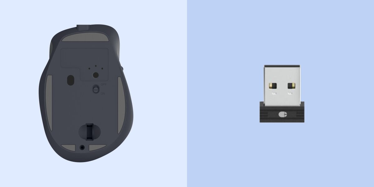 Mysz HAMA WM-500 Czarny Spód myszy bezprzewodowej Hama z przełącznikiem ON/OFF oraz miniaturowy odbiornik USB.