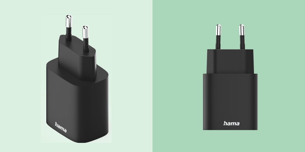 Ładowarka sieciowa HAMA FastCharger 30W Czarny Dwa widoki kompaktowej ładowarki Hama: po lewej perspektywa ukazująca matowe wykończenie obudowy i standardową wtyczkę sieciową; po prawej widok od frontu z wyraźnym logo marki na dolnej części obudowy.