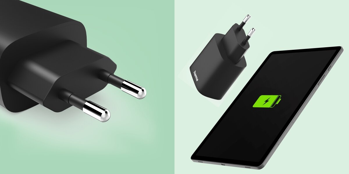 Ładowarka sieciowa HAMA FastCharger 30W Czarny Grafika przedstawiająca ładowarkę Hama obok tabletu. Na ekranie urządzenia mobilnego widoczna jest duża ikona zielonej baterii z symbolem ładowania, co sugeruje wysoką wydajność zasilacza.