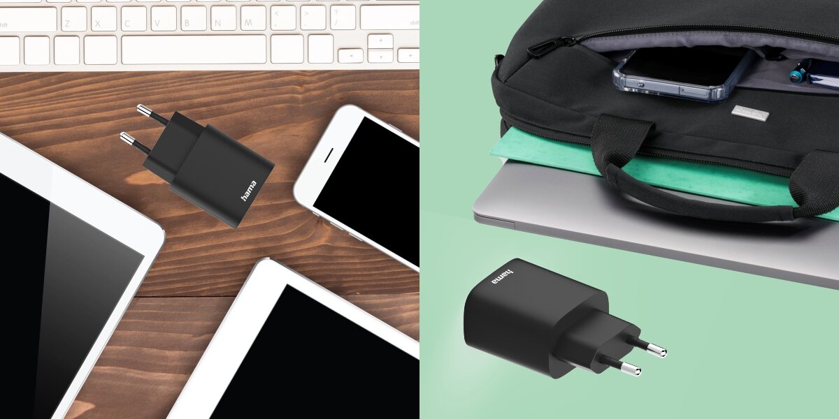 Ładowarka sieciowa HAMA FastCharger 30W Czarny Zestawienie stylu życia i produktu: ładowarka Hama na biurku obok sprzętów Apple (iPad, iPhone, klawiatura) oraz drugie ujęcie produktu umieszczonego obok otwartej torby z laptopem i akcesoriami biurowymi.
