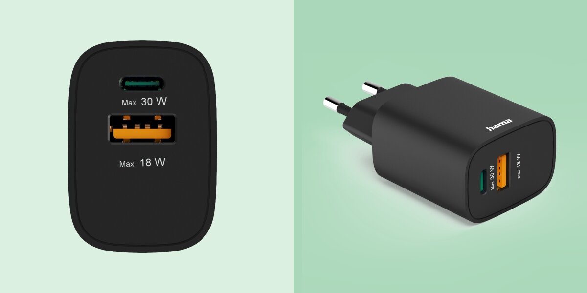 Porty ładowarki Hama: USB-C z obsługą Power Delivery do 30W oraz USB-A z technologią Quick Charge do 18W.