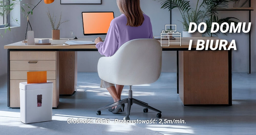 Niszczarka HAMA Prime M50CD-W Shredder 13 L, P-5, Ścinki, Automatyczny Start/Stop kobieta siedząca przy biurku w jasnym pomieszczeniu obok biurka niszczarka z włożoną kartką bezpiecznie niszczenie poziomy ochrony RODO praktyczne rozwiązanie