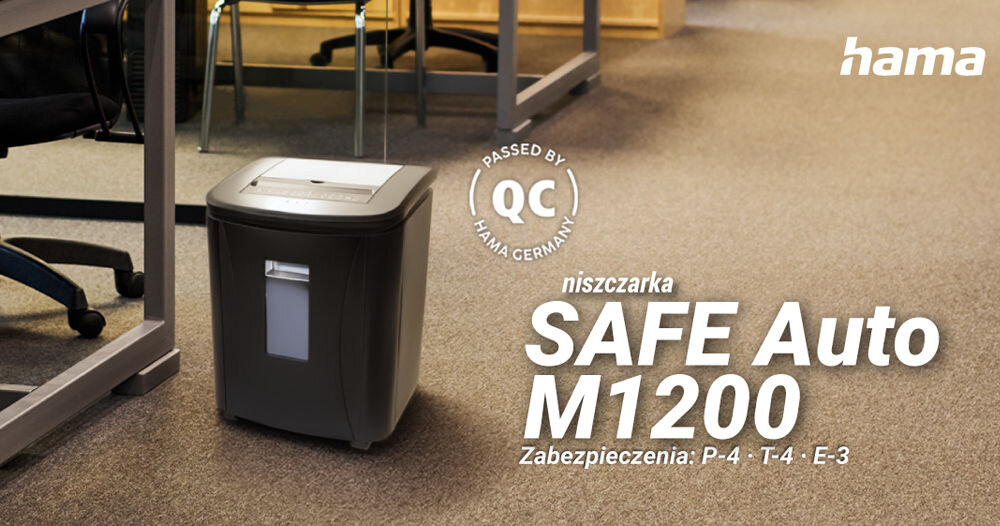 Niszczarka HAMA Safe Auto M1200 Shredder 25L, P-4, Ścinki niszczarka postawiona przy biurku w biurze napis z modelem i marką z dopisem zabezpieczeń