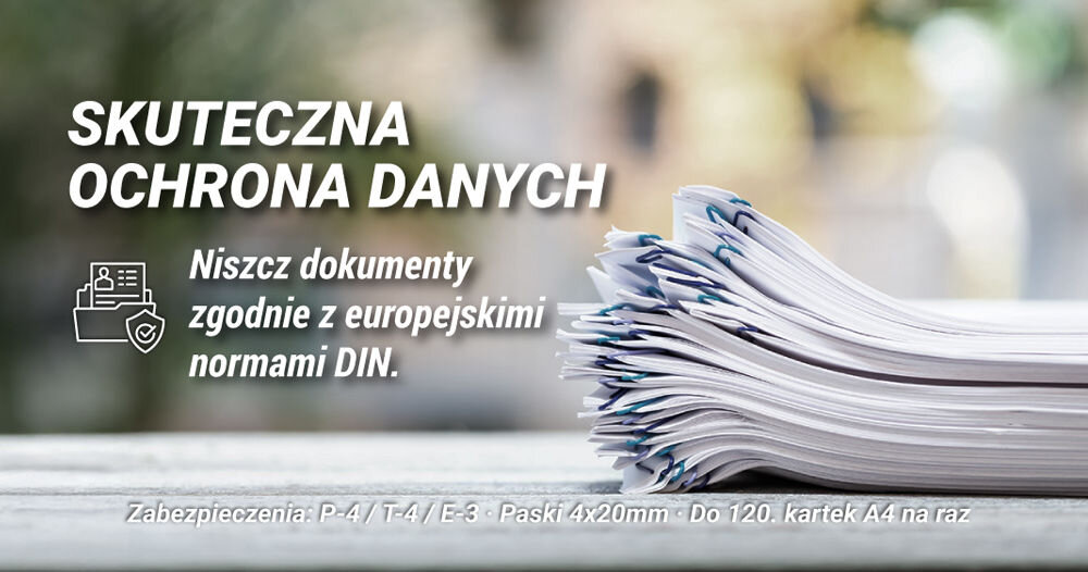 Niszczarka HAMA Safe Auto M1200 Shredder 25L, P-4, Ścinki napis skuteczna ochrona danych niszcz dokumenty zgodnie z europejskimi normami DIN w tle stosy dokumentów ułożone na sobie RODO klasa bezpieczeństwa cięcie wymiary ochrona poufnych informacji elastyczność do 120 arkuszy automatycznie 5 arkuszy w trybie ręcznym
