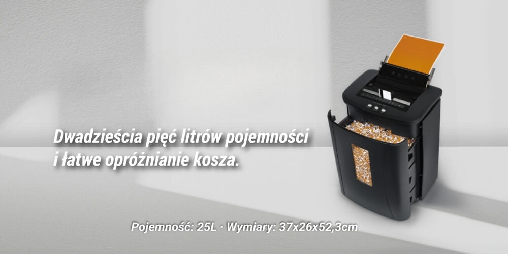 Niszczarka HAMA Safe Auto M1200 Shredder 25L, P-4, Ścinki prezentacja niszczarki na szarym tle napis dwadzieścia pięć litrów pojemności i łatwe opróżnianie kosza na dole pojemność oraz wymiary pojemność kosza okienko podglądu wysuwany kosz wymiary kółka transportowe wygoda pracy biuro gabinet