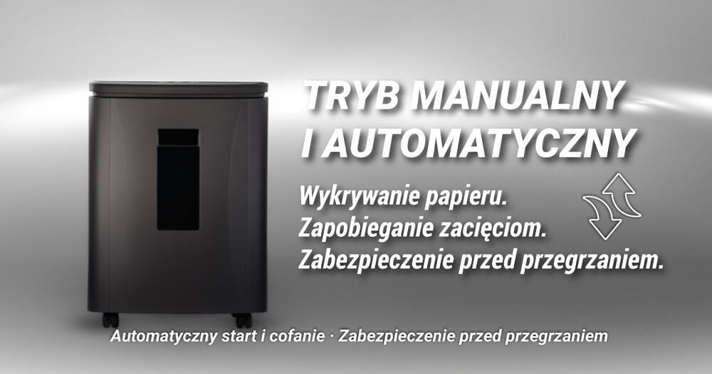 Niszczarka HAMA Safe Auto M1200 Shredder 25L, P-4, Ścinki niszczarka na szarym tle napis pełna automatyzacja wypisane cechy zabezpieczenie przed przegrzaniem funkcja cofania reverse ochrona komfort bezpieczeństwo trwałość
