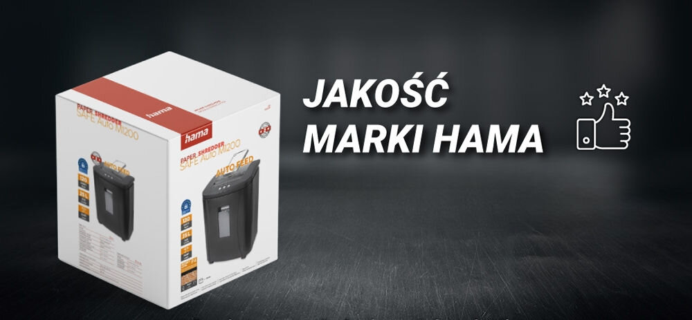 Niszczarka HAMA Safe Auto M1200 Shredder 25L, P-4, Ścinki Pudełko niszczarki z tekstem 'JAKOŚĆ MARKI HAMA' i ikoną kciuka w górę diody LED ekologiczne opakowanie bez plastiku dbałość o środowisko