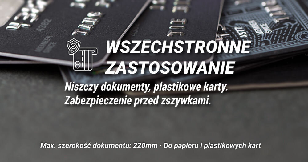 Niszczarka HAMA Safe Auto M1200 Shredder 25L, P-4, Ścinki napis wszechstronne zastosowanie wypisane rzeczy które niszczy max szerokość dokumentu w tle karty płatnicze niszczenie papieru plastikowych kart identyfikatory stalowe ostrza odporne na zszywki spinacze wygodne niszczenie