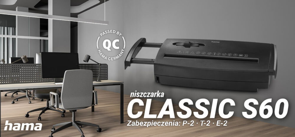 Niszczarka HAMA Classic S60 Shredder P-2, Paski, Automatyczny Start/Stop, Funkcja cofania Niszczarka Hama Classic S60 na tle biura, z logo Hama i tekstem niszczarka CLASSIC S60. Zabezpieczenia: P-2 - T-2 - E-2
