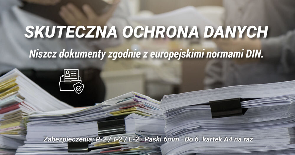 Niszczarka HAMA Classic S60 Shredder P-2, Paski, Automatyczny Start/Stop, Funkcja cofania Grafika przedstawiająca stosy dokumentów i tekst SKUTECZNA OCHRONA DANYCH. Niszcz dokumenty zgodnie z europejskimi normami DIN. Zabezpieczenia: P-2 / T-2 / E-2 - Paski 6mm - Do 6. kartek A4 na raz bezpieczne niszczenie dokumentów europejska norma poziom wąskie paski